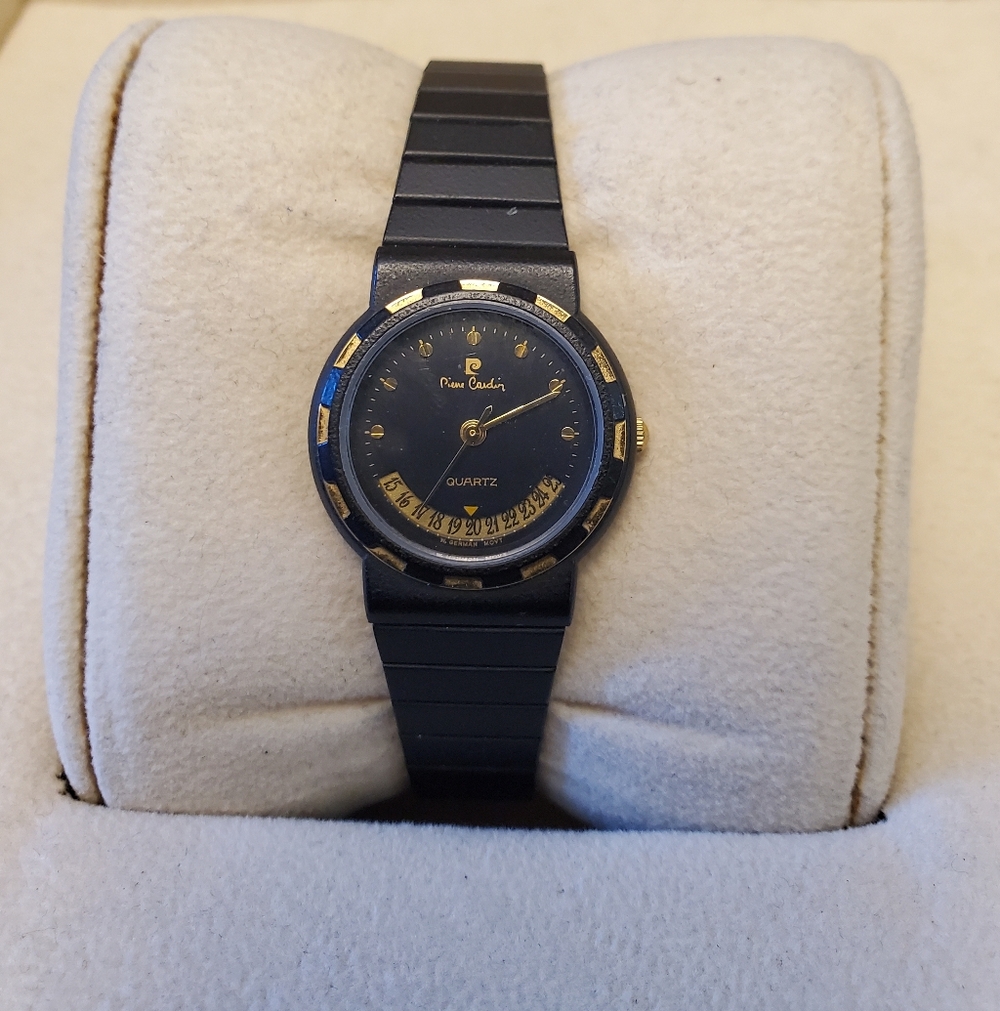 Vintage Ladies Pierre Cardin Black and Gold Wristwatch